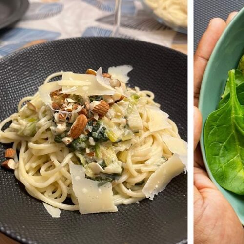 Recette spaghetti verde crème parmesan, épinards et amandes