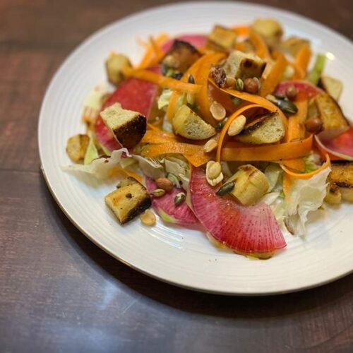 Recette salade croquante crouton focaccia huile de truffe