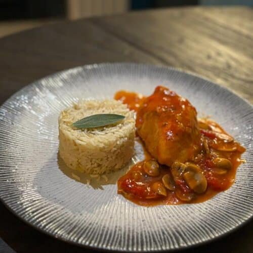 Recette poulet célestine champignon tomates riz pilaf