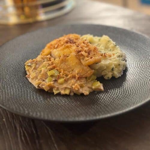 Recette filet merlan croustillant mashed potatoes oignons frits