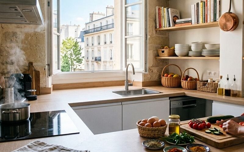 Cuisine aménagée avec plan de travail dégagé