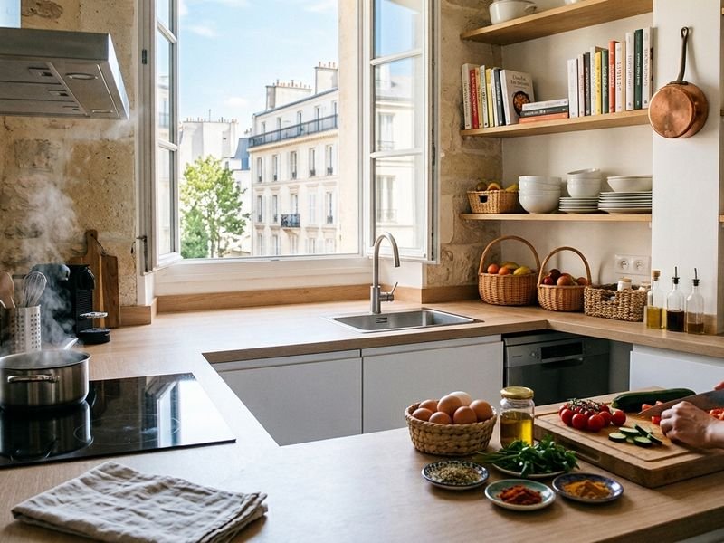 Cuisine aménagée avec plan de travail dégagé