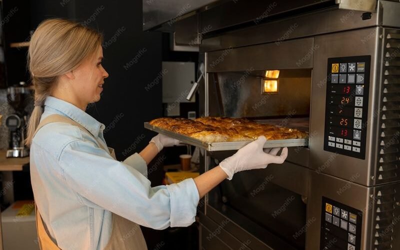 Boulangère au travail devant un four professionnel