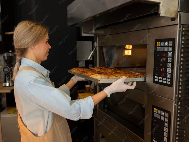 Boulangère au travail devant un four professionnel